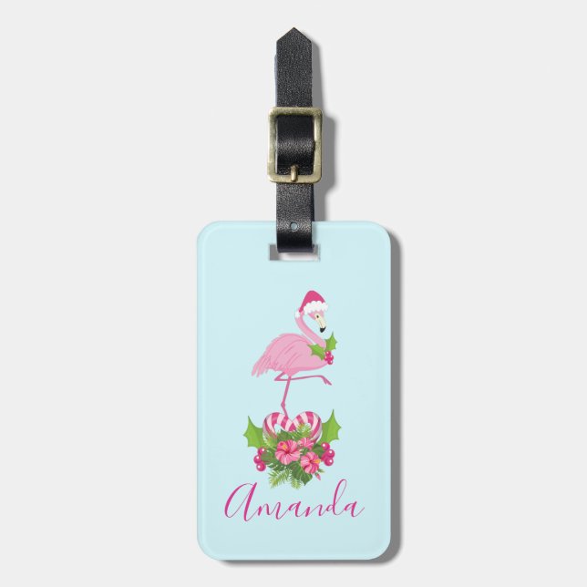 Rosa Flamingo i Santa Hat Whimsical jul Bagagebricka (Vertikal Framsida)