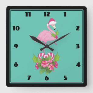 Rosa Flamingo i Santa Hat Whimsical jul Fyrkantig Klocka