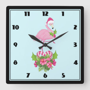 Rosa Flamingo i Santa Hat Whimsical jul Fyrkantig Klocka