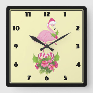 Rosa Flamingo i Santa Hat Whimsical jul Fyrkantig Klocka