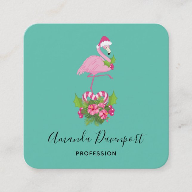Rosa Flamingo i Santa Hat Whimsical jul Fyrkantigt Visitkort (Framsida)