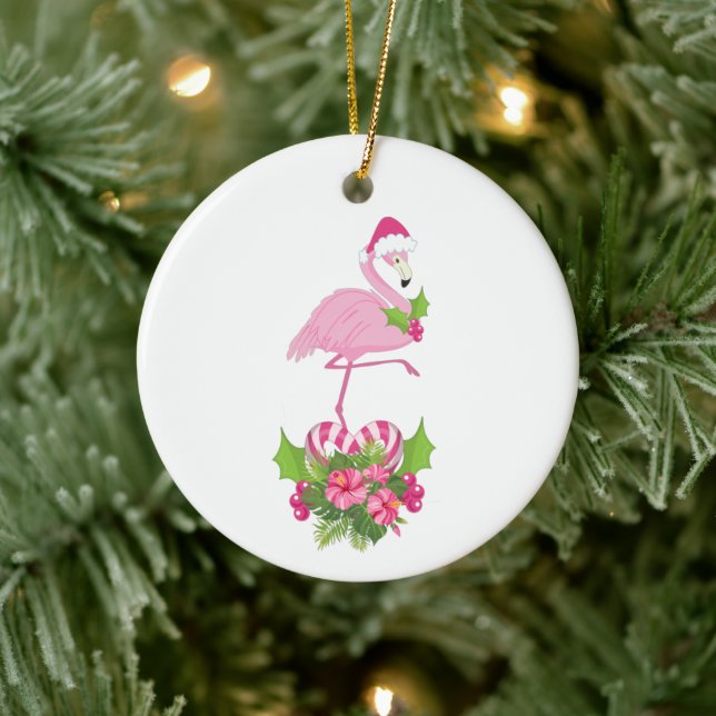 Rosa Flamingo i Santa Hat Whimsical jul Julgransprydnad Keramik (Träd)