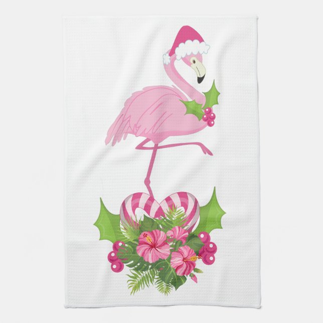 Rosa Flamingo i Santa Hat Whimsical jul Kökshandduk (Vertikal)
