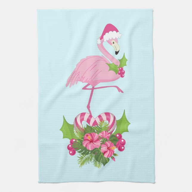 Rosa Flamingo i Santa Hat Whimsical jul Kökshandduk (Vertikal)