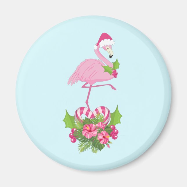 Rosa Flamingo i Santa Hat Whimsical jul Magnet (Framsidan)
