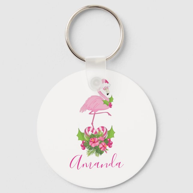 Rosa Flamingo i Santa Hat Whimsical jul Nyckelring (Framsida)