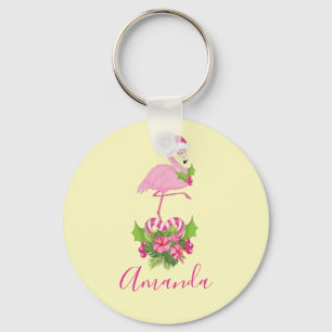 Rosa Flamingo i Santa Hat Whimsical jul Nyckelring