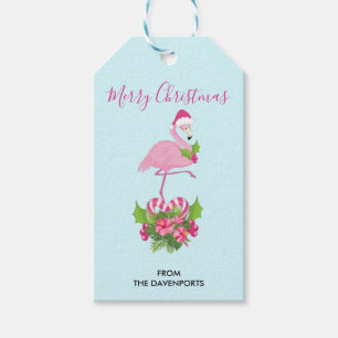 Rosa Flamingo i Santa Hat Whimsical jul Presentetikett