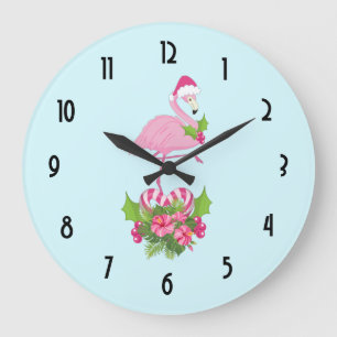 Rosa Flamingo i Santa Hat Whimsical jul Stor Klocka