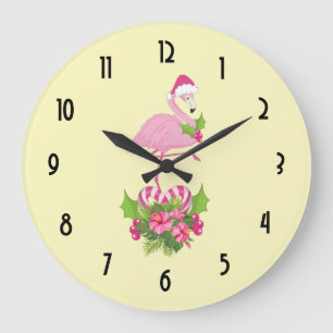 Rosa Flamingo i Santa Hat Whimsical jul Stor Klocka
