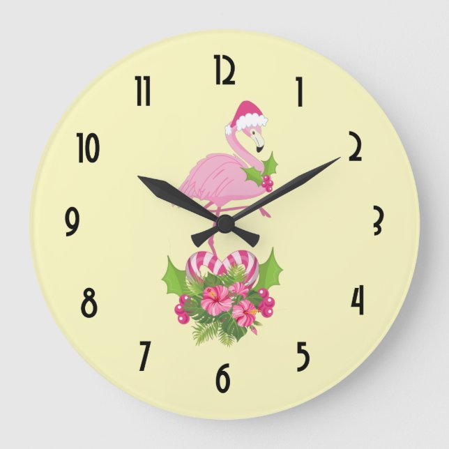 Rosa Flamingo i Santa Hat Whimsical jul Stor Klocka (Framsida)
