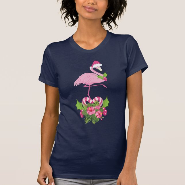 Rosa Flamingo i Santa Hat Whimsical jul T Shirt (Framsida)