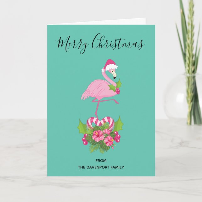 Rosa flamingo i tomteluva med bukett av sockerdric helgkort (Framsida)