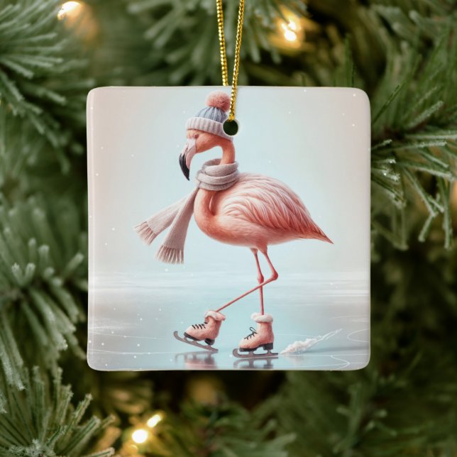 Rosa Flamingo Ice Skating Julgransprydnad Keramik (Träd)