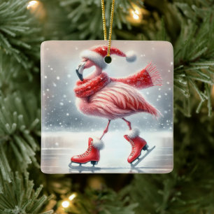 Rosa Flamingo Ice Skating Julgransprydnad Keramik