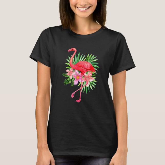Rosa Flamingo in Tropical Flowers Foilage Flamingo T Shirt (Framsida)