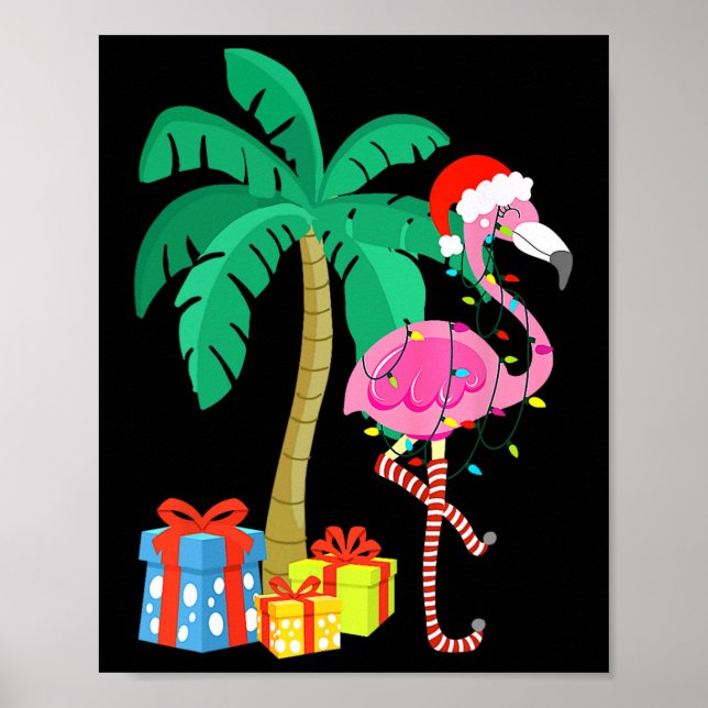 Rosa Flamingo jul Handflatan Träd Tropical Julafto Poster (Framsidan)