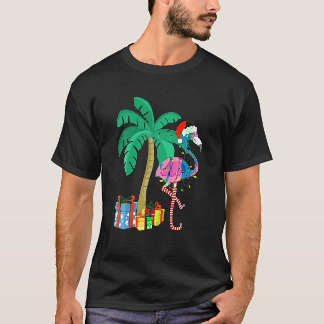 Rosa Flamingo jul Handflatan Träd Tropical Julafto T Shirt (Framsida)