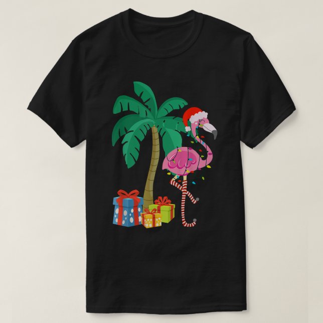 Rosa Flamingo jul Handflatan Träd Tropical Julafto T Shirt (Design framsida)