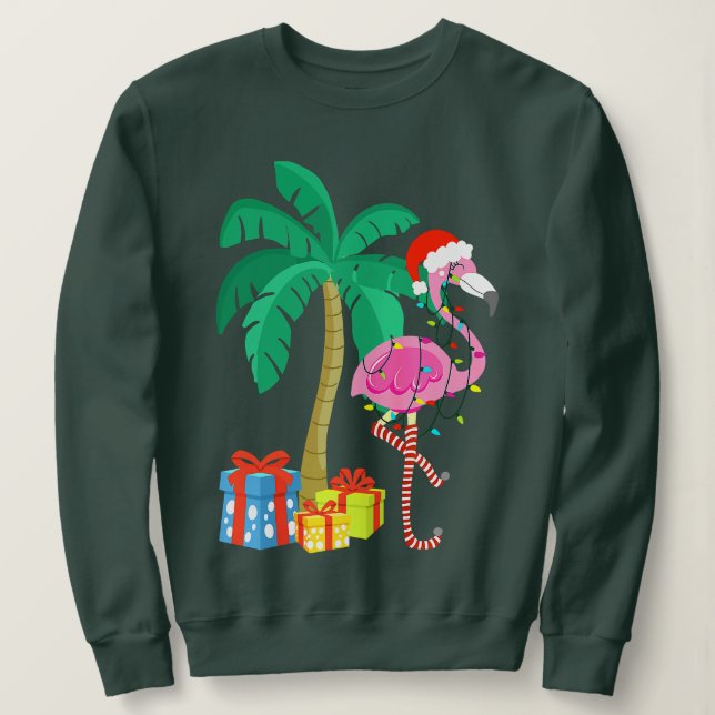 Rosa Flamingo jul Handflatan Träd Tropical Julafto T Shirt (Design framsida)
