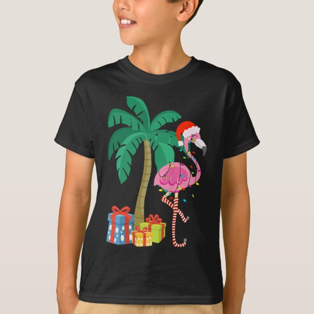 Rosa Flamingo jul Handflatan Träd Tropical Julafto T Shirt (Framsida)