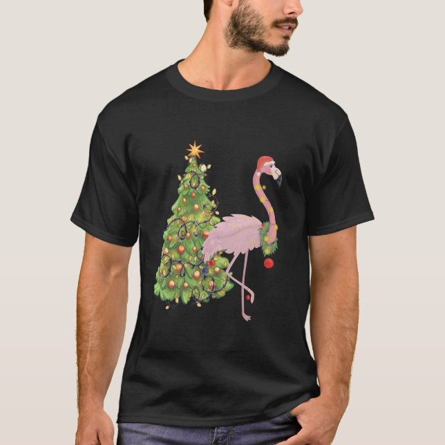 Rosa Flamingo jul Handflatan Träd Tropical Julafto T Shirt (Framsida)