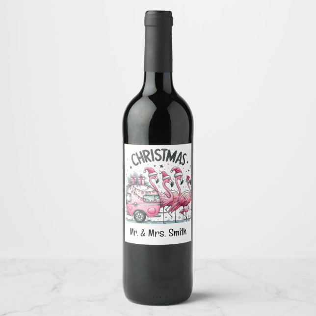 Rosa Flamingo Jul Vinflaska Etikett (Framsida)