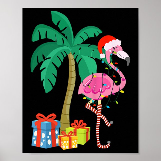 Rosa Flamingo Julpalmer Trä Tropisk Jul Skoj Poster (Framsidan)