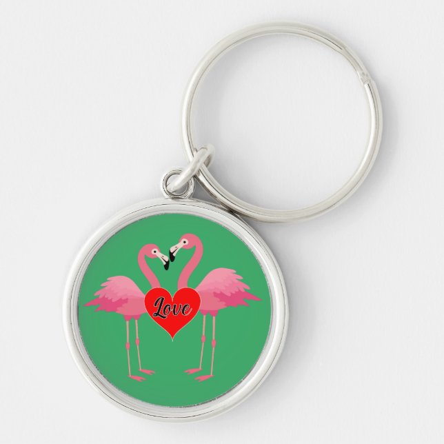 Rosa Flamingo Kärlek Design - Premium Round Keycha Rund Silverfärgad Nyckelring (Framsidan)
