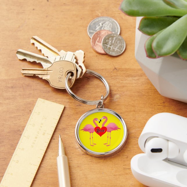 Rosa Flamingo Kärlek Design - Premium Round Keycha Rund Silverfärgad Nyckelring (Skrivbord)