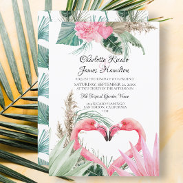Rosa Flamingo Kärlek Heart Tropical Blommigt Bröll Inbjudningar