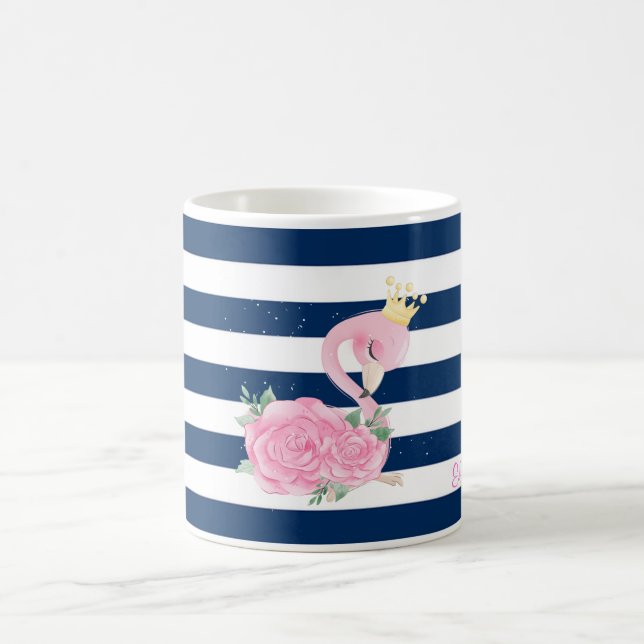 Rosa Flamingo,Krona,Rosor Marinblå Ränder Kaffemugg (Center)