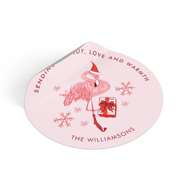 Rosa Flamingo Kustjul, vattenfärg Runt Klistermärke (Pink Flamingo Coastal Christmas Watercolor Classic Round Sticker)