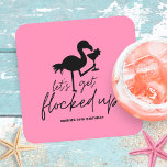 Rosa Flamingo låste upp tropisk födelsedag Underlägg Papper Kvadrat<br><div class="desc">Blev flockad med dina vänner och din familj för att fira din födelsedag! Roligt,  pappra dryckesbrödrostar har svart typografi med en flamingo som innehåller en cocktail och en "låt oss bli flockad" på en helig rosa. Perfekt för födelsedagsfester av strand och tropiska teman vuxen.</div>