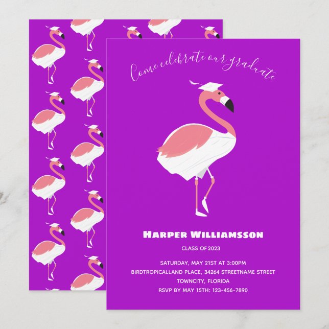 Rosa Flamingo Lila Animal Studenten Inbjudningar (Fram/baksida)
