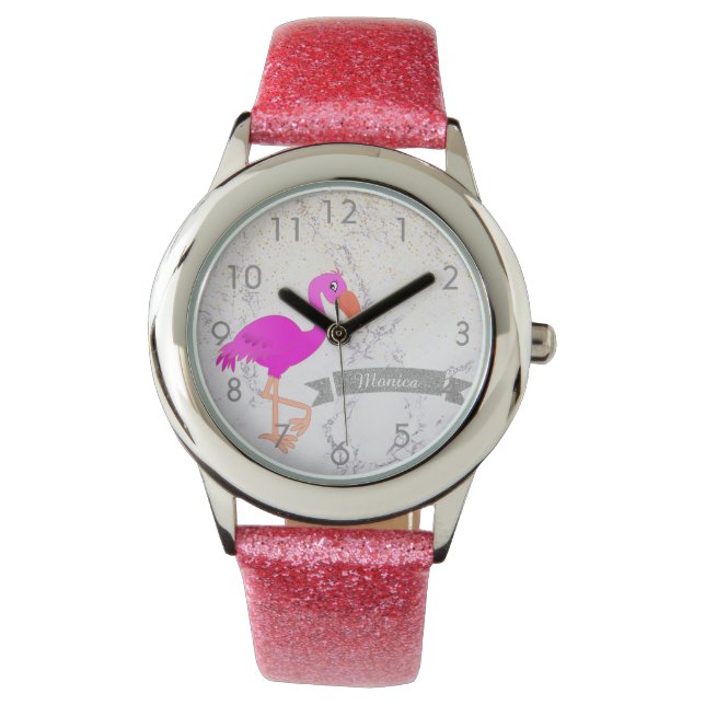 Rosa flamingo marble monogram namn armbandsur (Framsida)