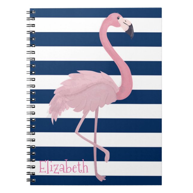 Rosa Flamingo, Marinblå Ränder-Personlig Anteckningsbok (Framsidan)