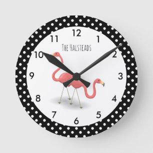 Rosa Flamingo med Black Polka dots Personlig Rund Klocka