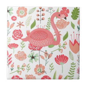 Rosa Flamingo med färgstarka, assorterade blommor Kakelplatta