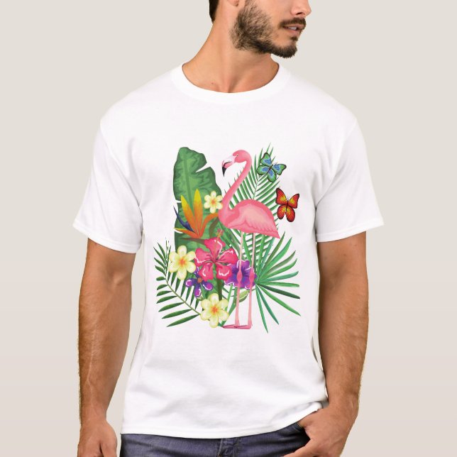 Rosa Flamingo med fjäril för Flamingo Älskare T Shirt (Framsida)