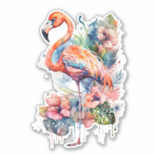 Rosa Flamingo med Flowers Sticker