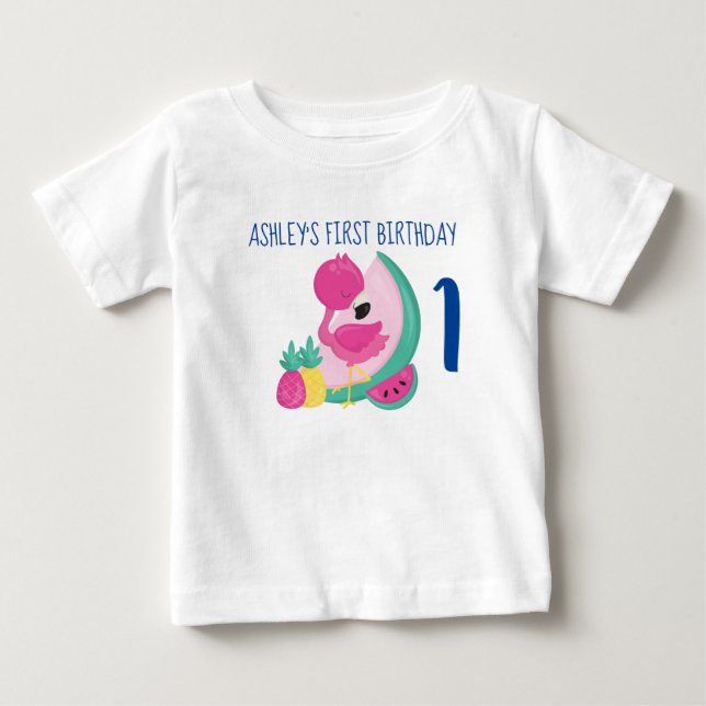 Rosa Flamingo med frukt första födelsedag T Shirt (Framsida)