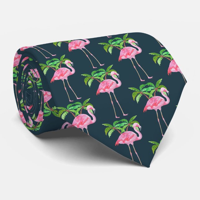 Rosa Flamingo med Handflatan Träd Slips (Rullad)