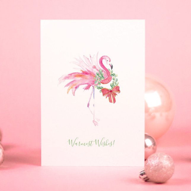 Rosa flamingo med krans strand julkort helgkort (Christmas cards Florida beach watercolor pink flamingo by artist Victoria Grigaliunas)