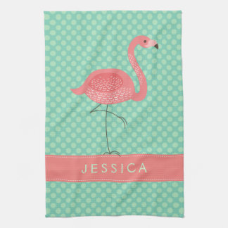 Rosa Flamingo med myntadot av mynttyp Grönt Kökshandduk