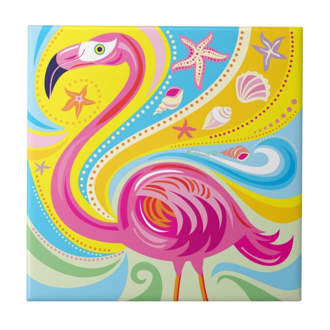 Rosa flamingo med sjöstjärna kakelplatta (Framsidan)