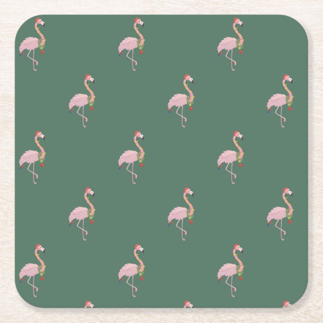 Rosa Flamingo med tomhatt,Grönt Underlägg Papper Kvadrat (Framsidan)