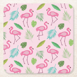 Rosa Flamingo med Tropical Löv Mönster Underlägg Papper Kvadrat
