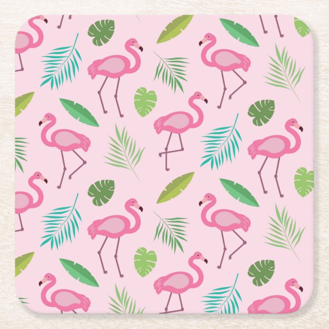 Rosa Flamingo med Tropical Löv Mönster Underlägg Papper Kvadrat (Framsidan)