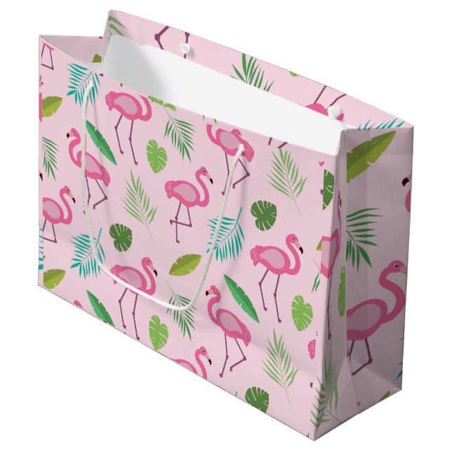 Rosa flamingo med tropiska bladmönster  (Framsidan Vinklad)